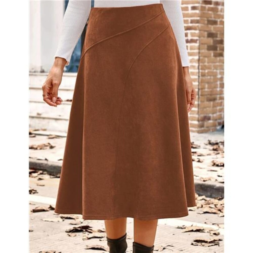 Women's Suede Skirt High Waist A-Line Skirt Winter Midi Skirt - Picture 6 of 7